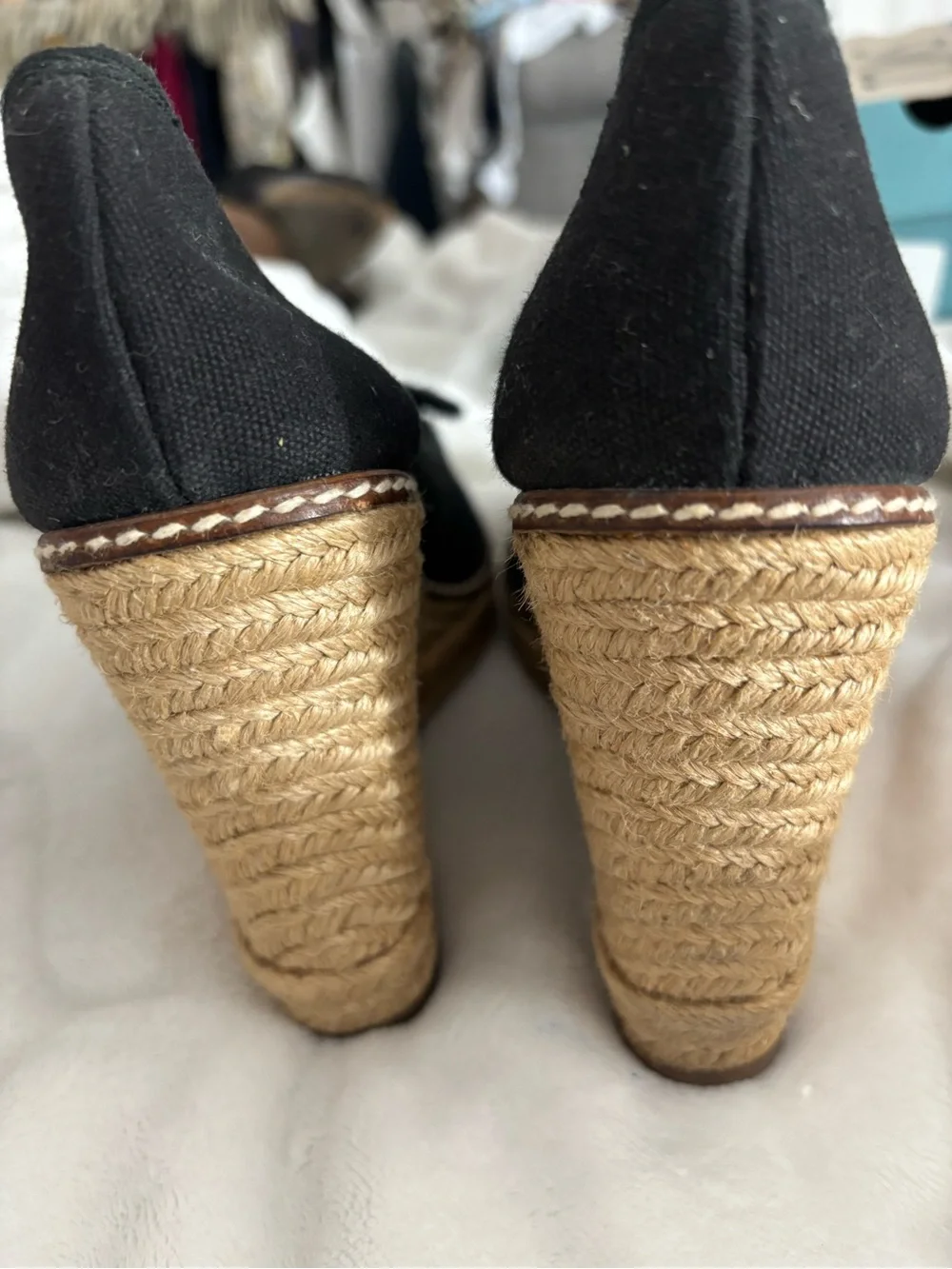 Tory Burch Black Canvas Peep-Toe Espadrille Wedges with Gold Logo Charm